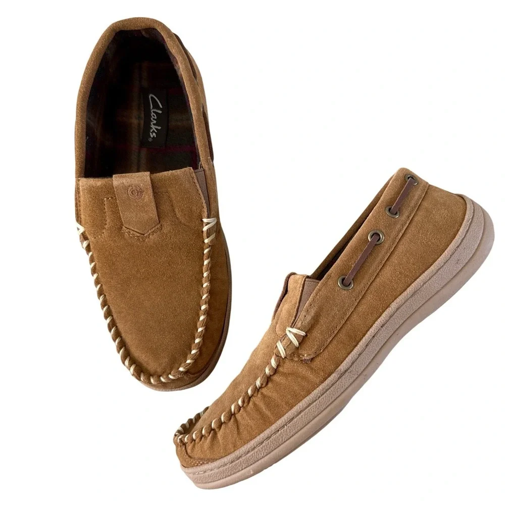 Clarks Indoor Outdoor Slippers Mens Size 9 Cinnamon New Leather Suede JMH0740